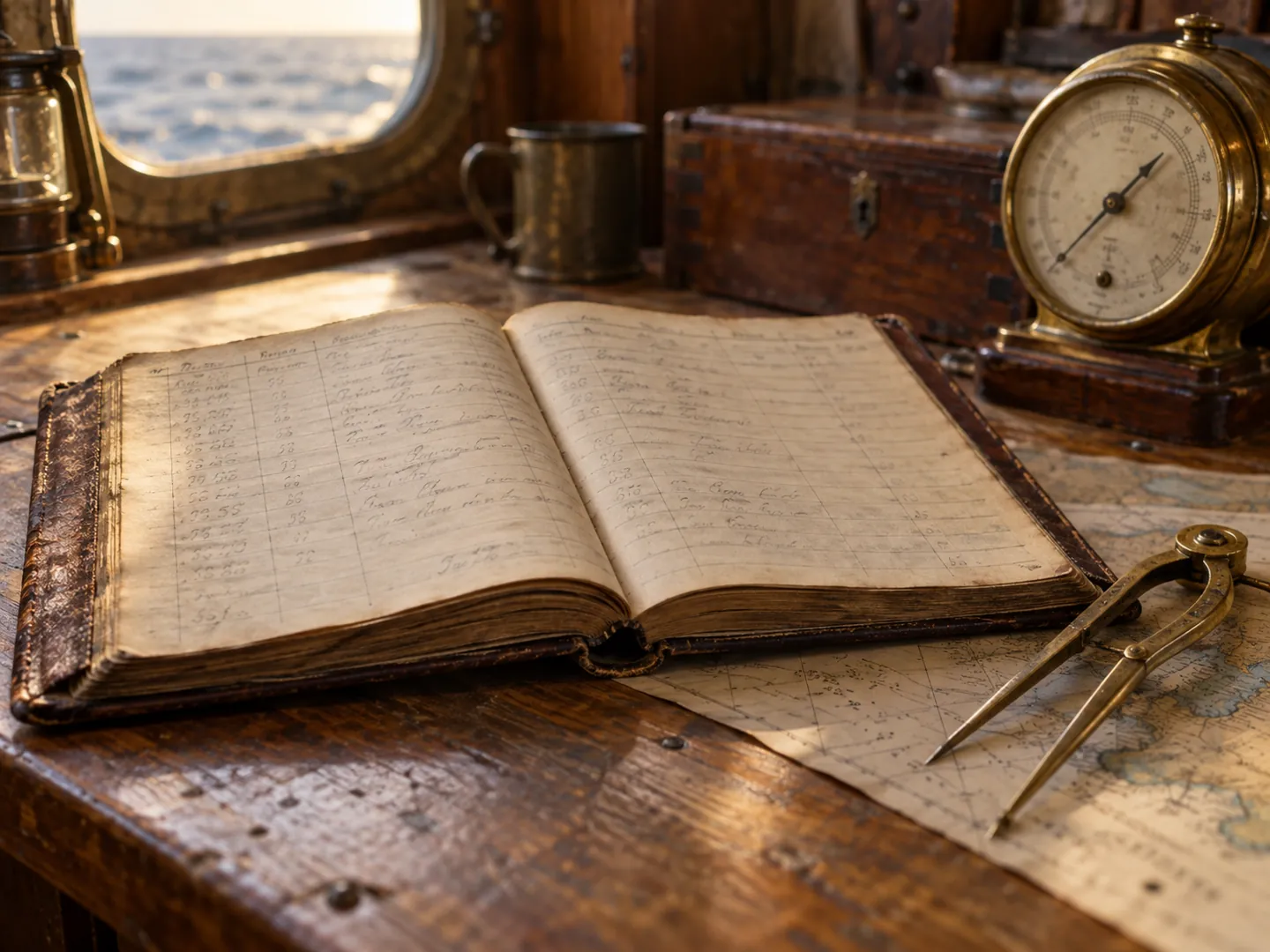 An old leather-bound ship's logbook lying open on a wooden chart table beside a brass barometer, its faint handwritten columns out of focus