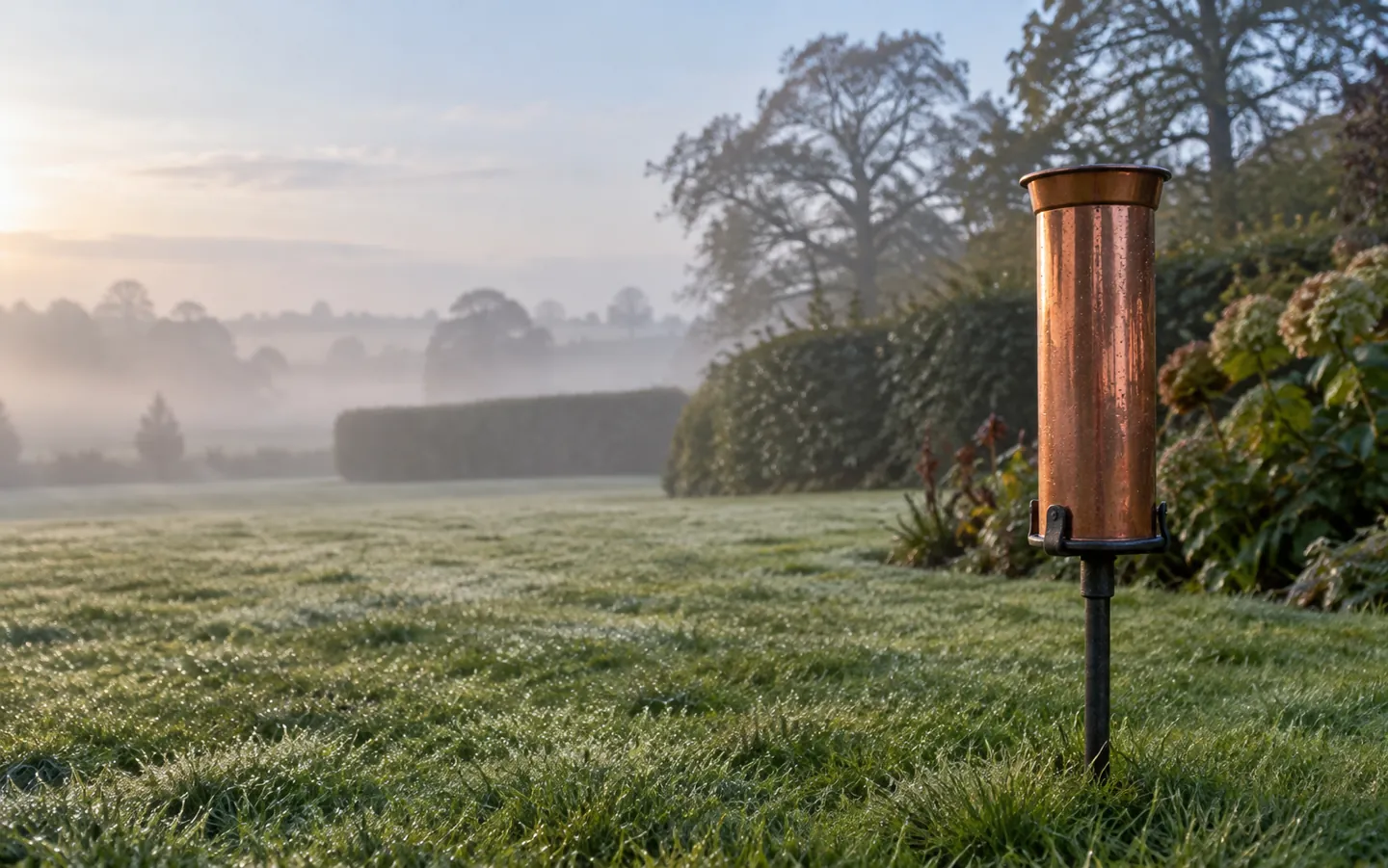 A traditional copper rain gauge standing on a lawn in an English garden on a misty morning, with a hedge softly out of focus behind